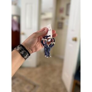 Free People Navy Blue Fabric Knotted Hoop Earrings Silver Bead Boho New with Tag